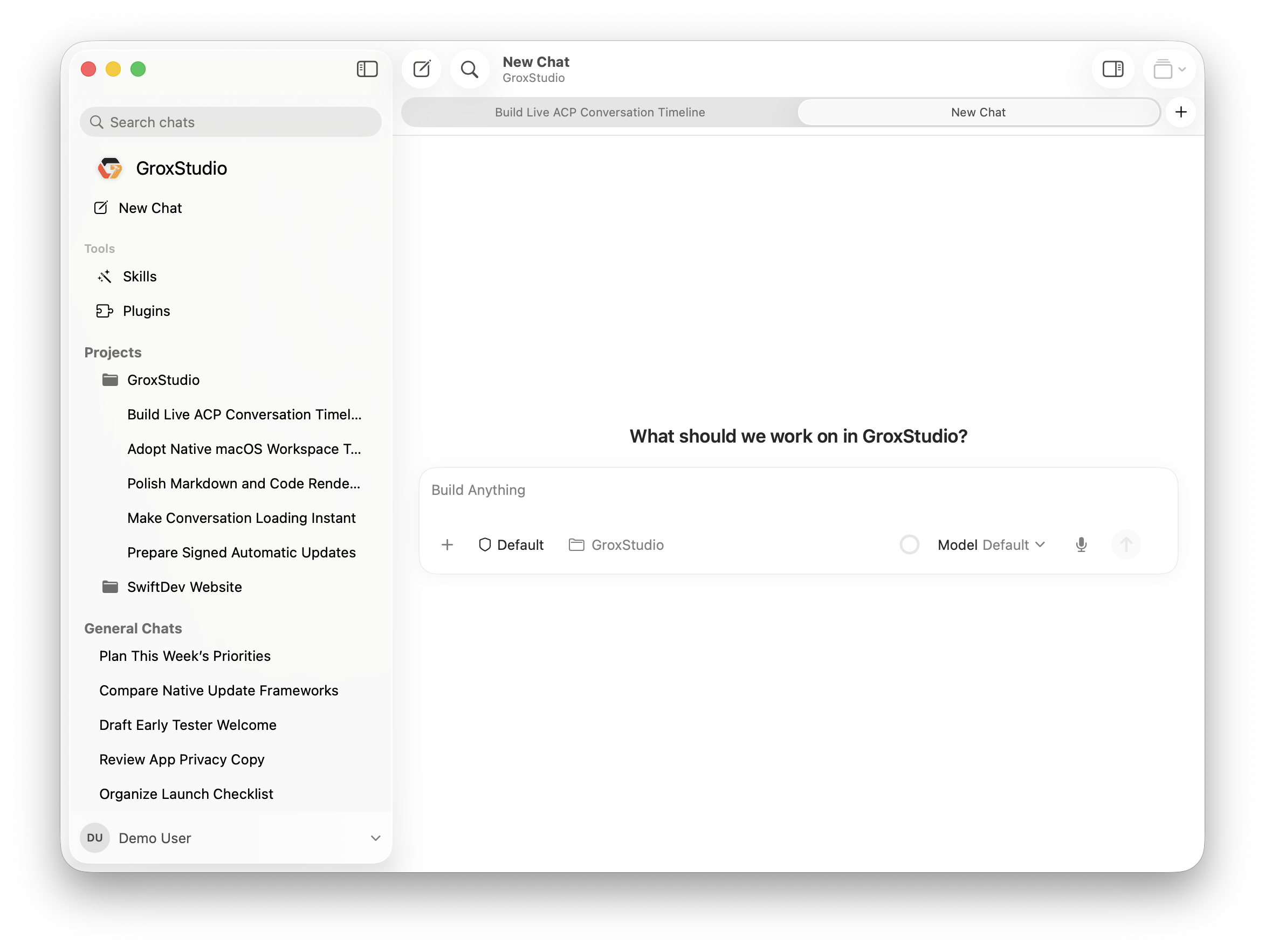 GroxStudio showing projects and native conversation tabs